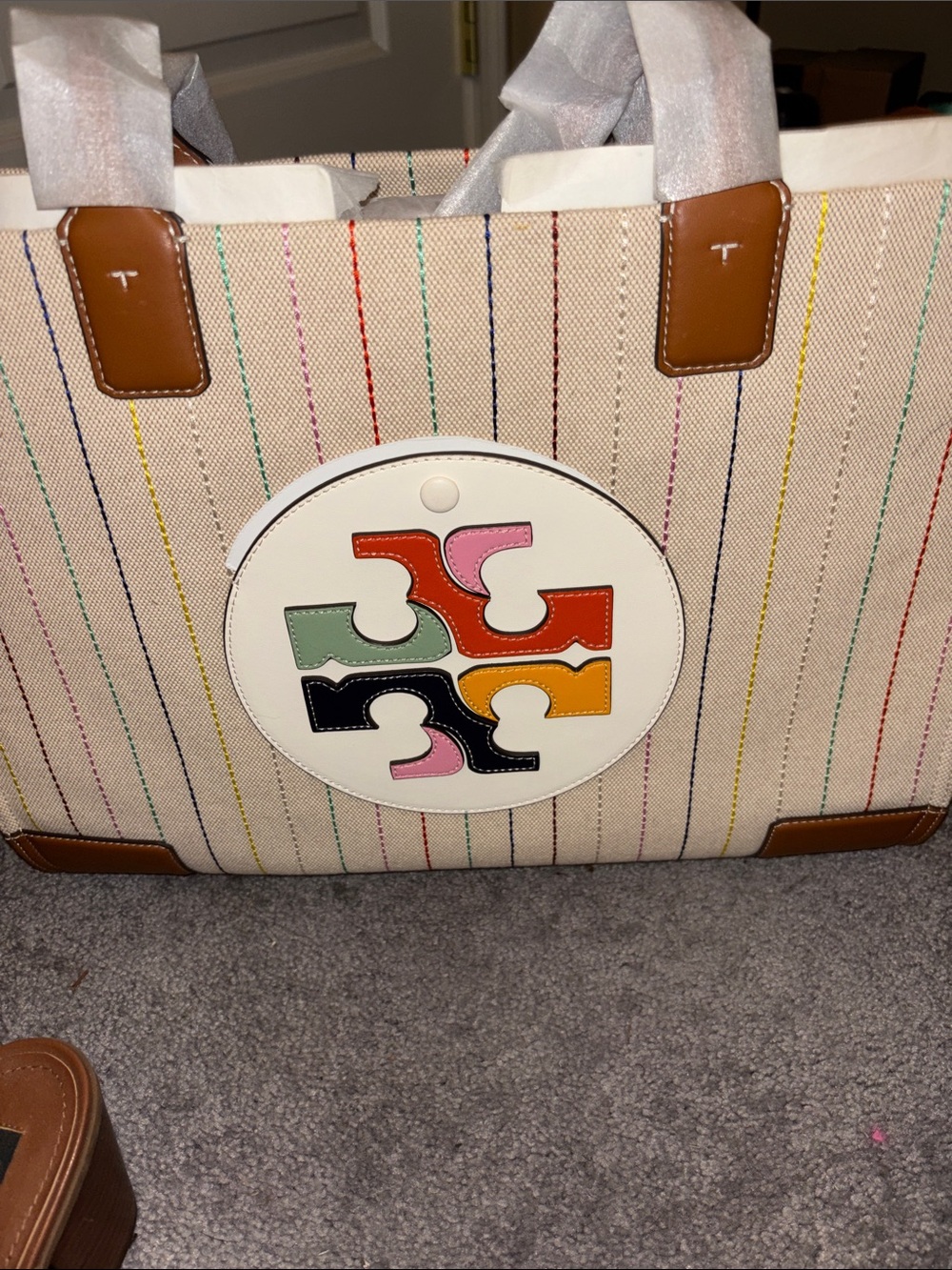 Tory Burch Cream Canvas Tote with Multicolor Logo and Stripes - Picture 1 of 8